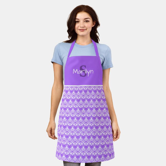 Monogram Lavender and White Cute Heart Pattern Apron (Worn)
