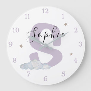 Monogram Lavender Baby Initial Name Nursery Wall Large Clock
