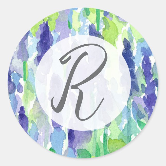 Monogram Lavender Flowers Letter Writing Classic Round Sticker (Front)