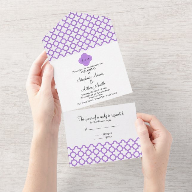 Monogram Lavender Quatrefoil Pattern Rehearsal All In One Invitation (Tearaway)