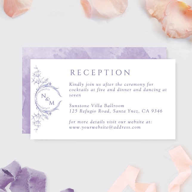 Monogram Lavender Watercolor Wedding Reception Enclosure Card (Creator Uploaded)