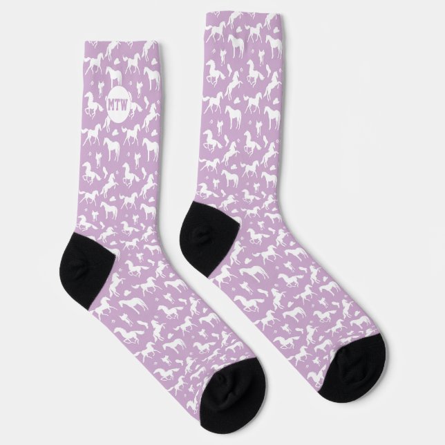 Monogram Lavender White Horse Cowboy Cowgirl Socks (Right)