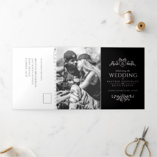 Monogram leaf heart art black white wedding Tri-Fold invitation