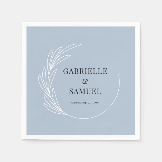Monogram Leaf Wreath Dusty Blue Wedding Napkin (Front)