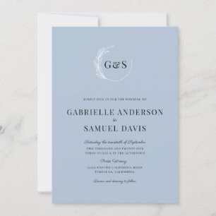 Monogram Leaf Wreath Minimal Dusty Blue Wedding Invitation