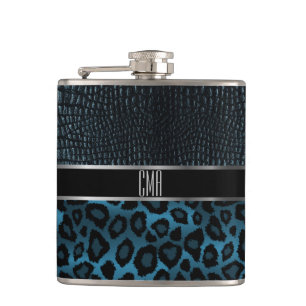 Monogram Leather and Leopard Pattern - Blue Hip Flask
