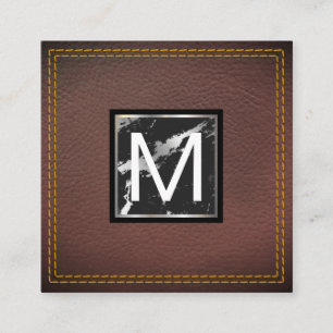 Monogram   Leather   Marble Metal Trim Square Business Card