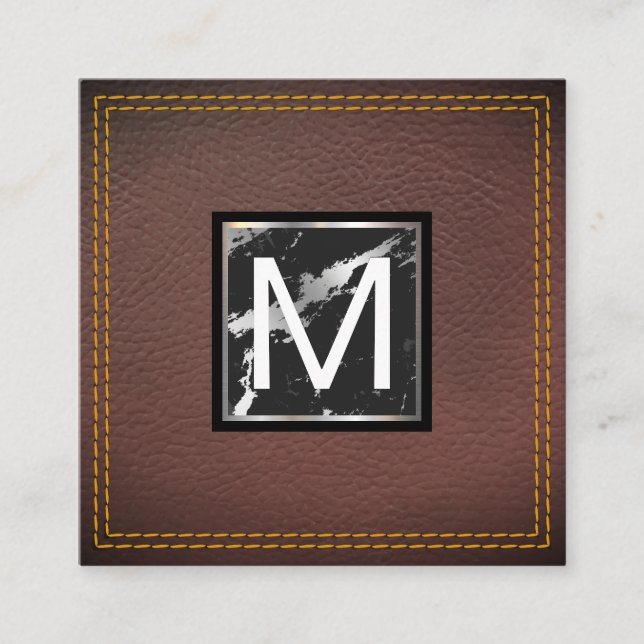 Monogram | Leather | Marble Metal Trim Square Business Card (Front)
