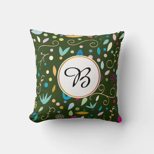 monogram & leaves patterned cushion (Front)