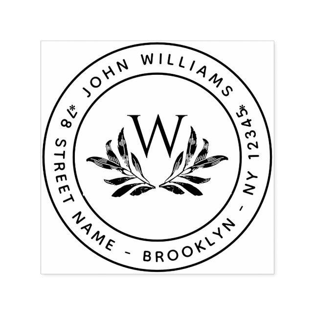 Monogram & Leaves Round Return Address Initial  Self-inking Stamp (Design)