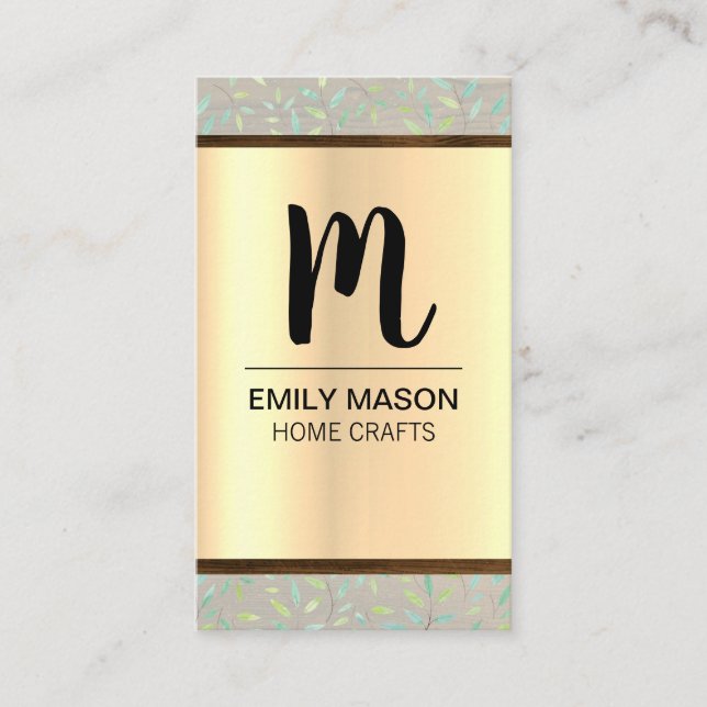 Monogram / Leaves Wood Trim / Natural Business Card (Front)
