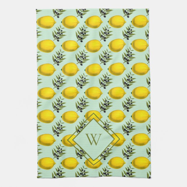 Monogram Lemon and olive pattern yellow and blue Tea Towel (Vertical)