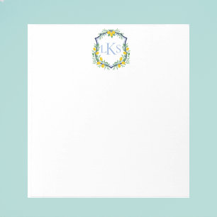 Monogram Lemon Crest, Blue and White Custom  Notepad