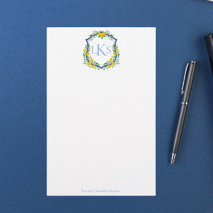 Monogram Lemon Crest, Blue and White Custom  Stationery