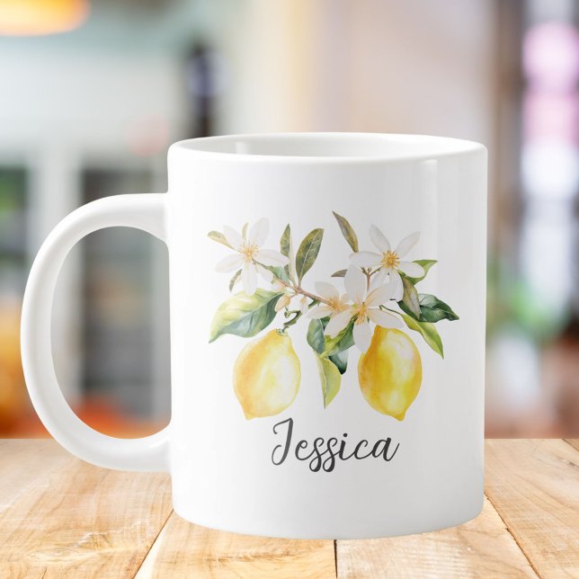 Monogram Lemon Fruits White Flowers Tree Branch Large Coffee Mug (In situ)