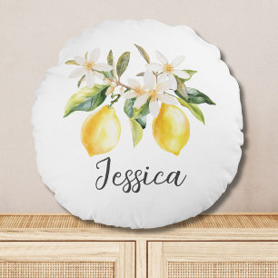 Monogram Lemon Fruits White Flowers Tree Branch Round Cushion