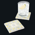 Monogram Lemon Pattern Stone Coaster<br><div class="desc">A chic personalised monogram stone coaster with lemons and leaves pattern. Perfect for a sunny tropical bright yellow toned kitchen interior and decors.</div>
