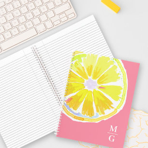 Monogram Lemon Watercolor Modern Pink Notebook