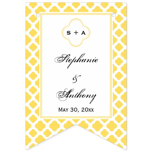 Monogram Lemon Yellow and White Quatrefoil Pattern Bunting (First Flag)