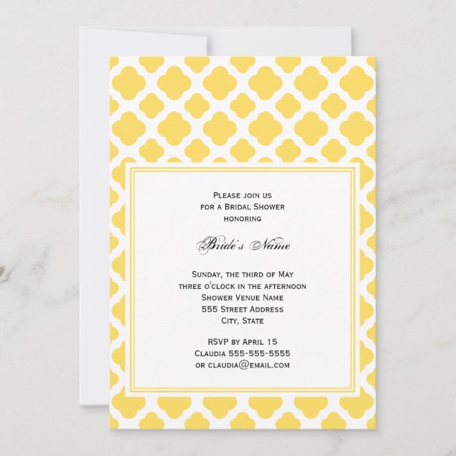 Monogram Lemon Yellow and White Quatrefoil Pattern Invitation (Front)