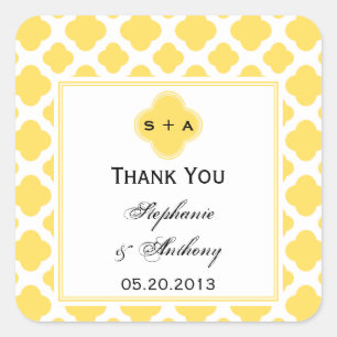 Monogram Lemon Yellow and White Quatrefoil Pattern Square Sticker
