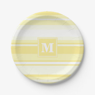 Monogram lemon yellow stripes paper plate