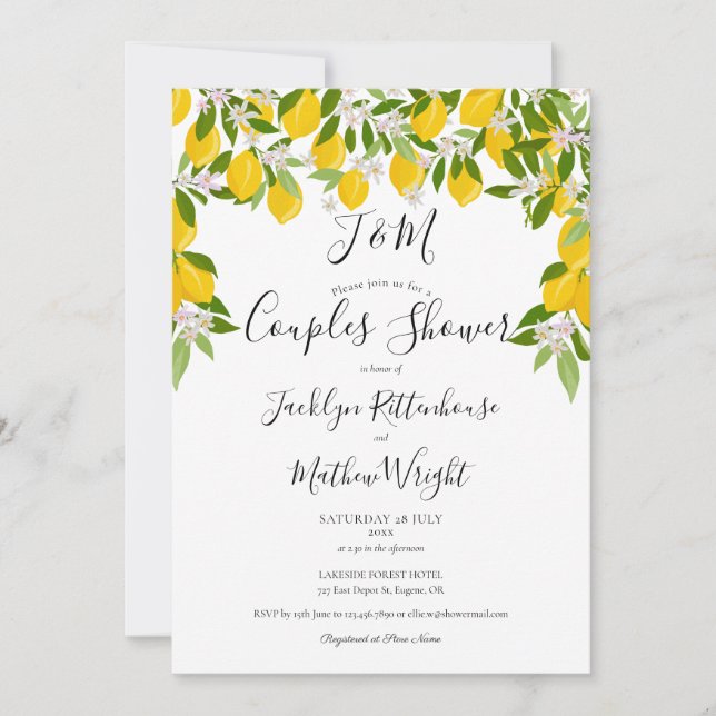 Monogram Lemons Blossom Wedding Couples Shower Invitation (Front)