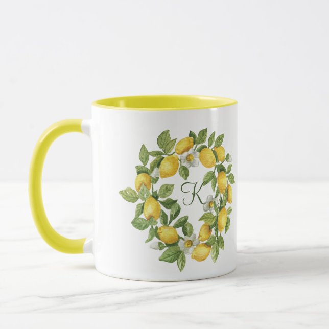 Monogram Lemons Wreath Green Yellow   Mug (Left)