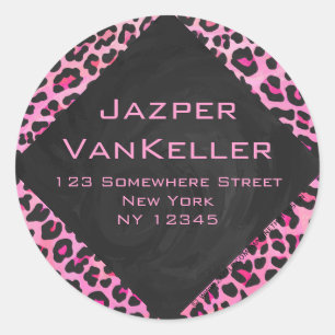 Monogram Leopard Black and Hot Pink Print Classic Round Sticker