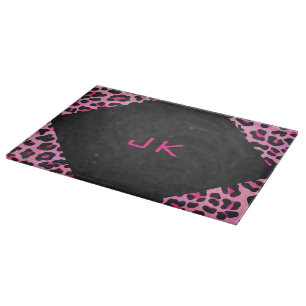 Monogram Leopard Black and Hot Pink Print Cutting Board