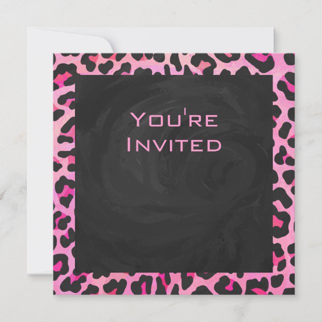 Monogram Leopard Black and Hot Pink Print Invitation (Front)