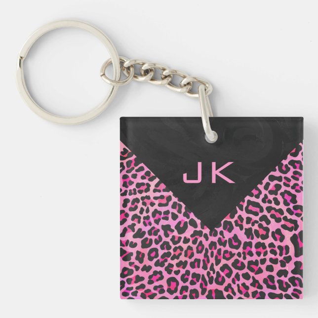 Monogram Leopard Black and Hot Pink Print Key Ring (Front)
