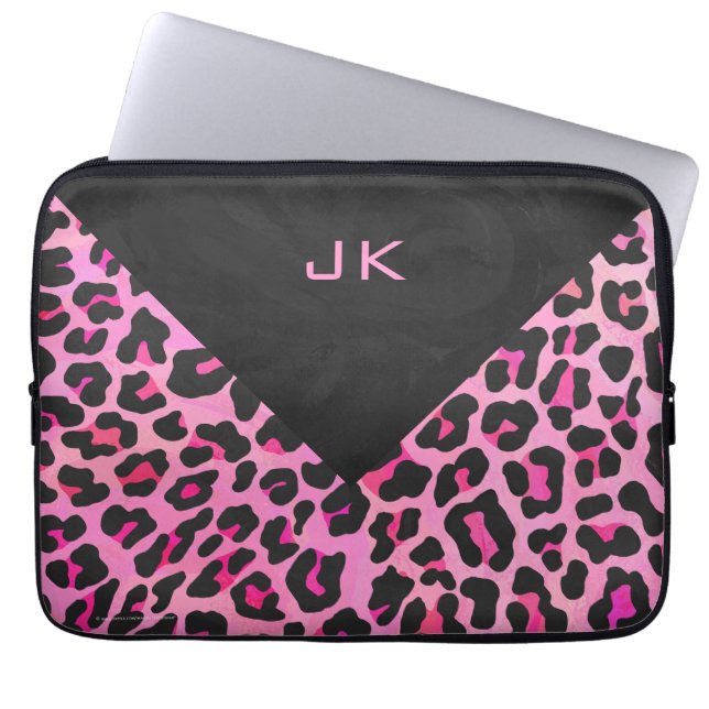 Monogram Leopard Black and Hot Pink Print Laptop Sleeve (Front)