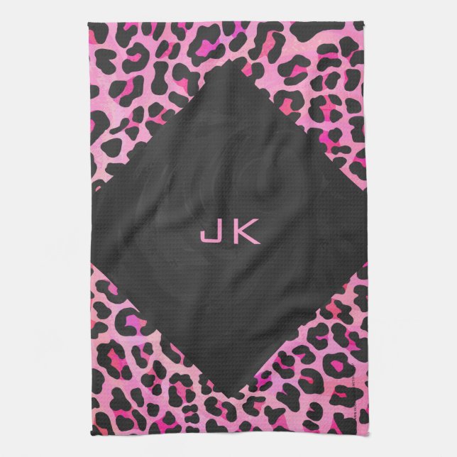 Monogram Leopard Black and Hot Pink Print Tea Towel (Vertical)