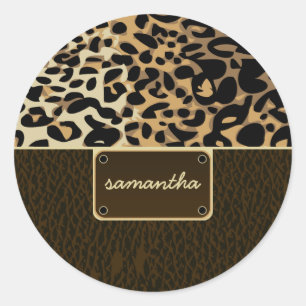 Monogram Leopard Leather Pattern Classic Round Sticker