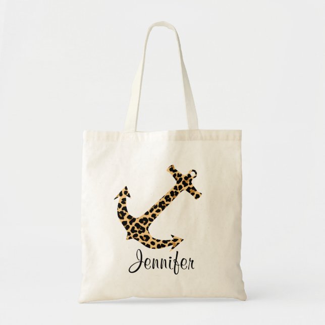 Monogram Leopard Print Anchor Custom Tote Bag (Front)