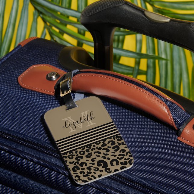 Monogram Leopard Print Stripe | Gold Black Luggage Tag (Front Insitu 1)