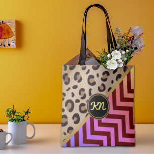 Monogram Leopard Print Zigzag Chevron Two-Tone  Tote Bag