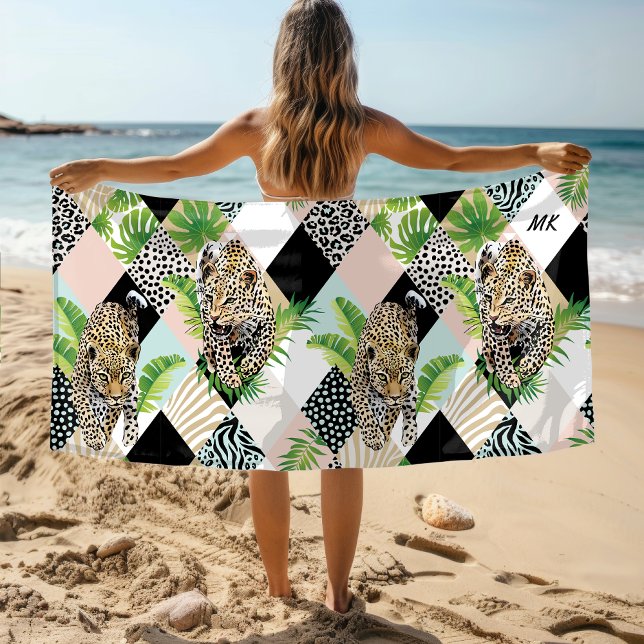 Monogram Leopard Wild Jungle Modern Girly Chic Beach Towel (Creator Uploaded)