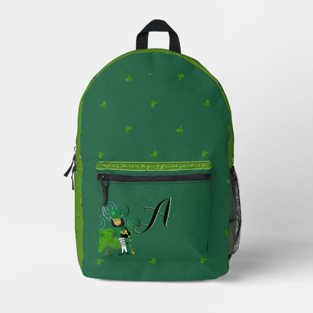 Monogram Leprechaun Shamrock Teal  Printed Backpack (Front)