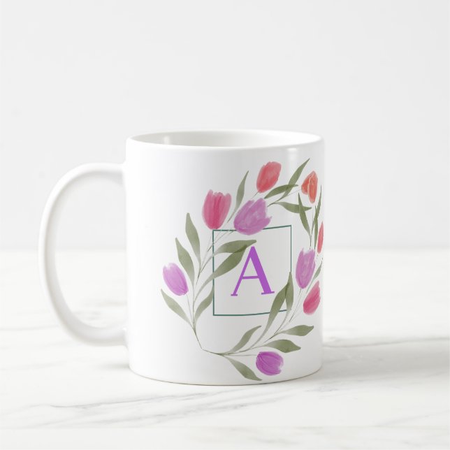 Monogram Letter A Black & White with flowers Coffee Mug (Left)