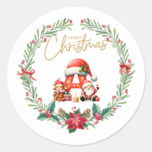 Monogram letter A, Christmas Wreath w/ Santa Claus Classic Round Sticker