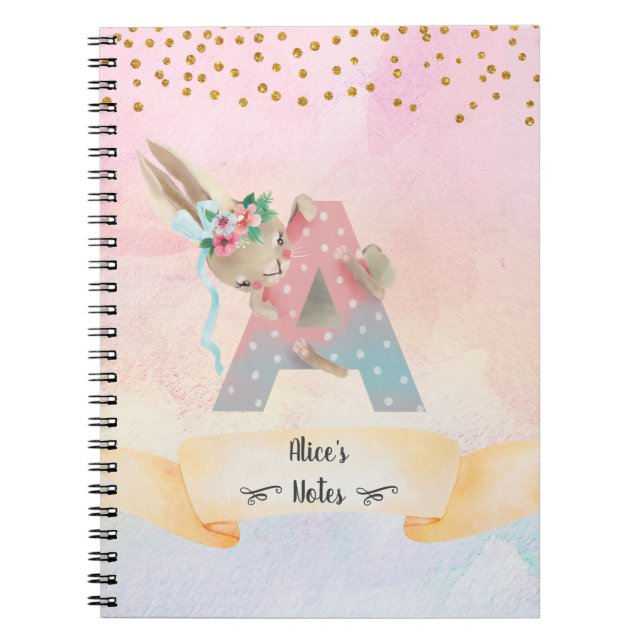 Monogram Letter A Cute Bunny Girl Daily Diary Notebook (Front)