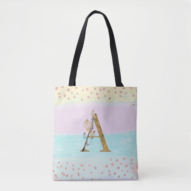 *~ Monogram LETTER A -  Gold Glitter Pastel Colors Tote Bag (Front)