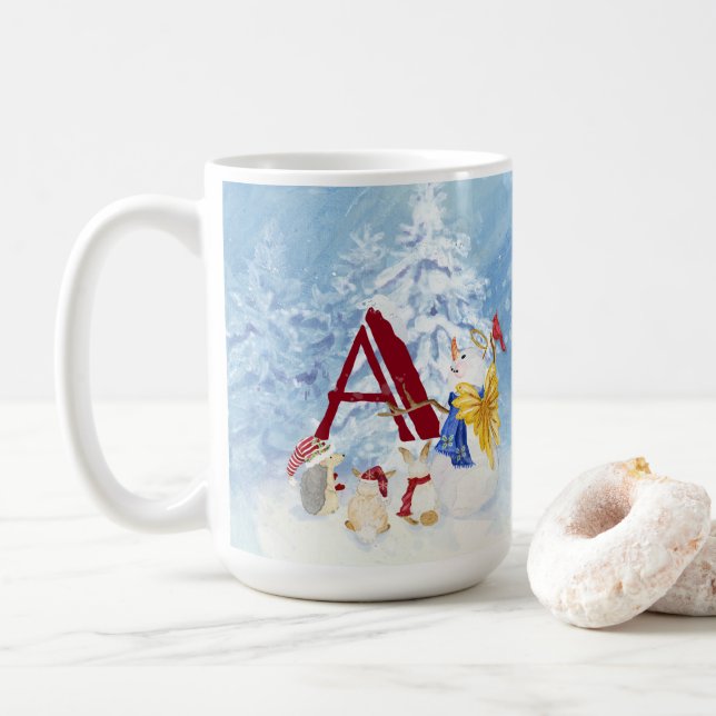 Monogram Letter A Merry Christmas Angel Snowman Coffee Mug (With Donut)