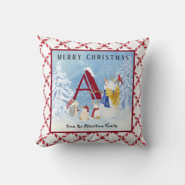 Monogram Letter A Merry Christmas Angel Snowman Cushion (Front)