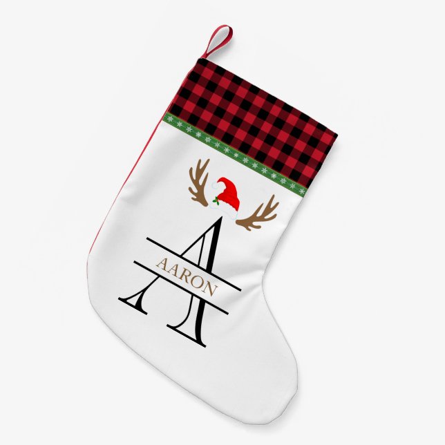 Monogram Letter A Red Black Tartan Christmas Small Christmas Stocking (Front (Hanging))