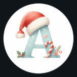 Monogram letter A, Santa hat Christmas  Sticker<br><div class="desc">This design features a watercolor illustration of letter A with Santa hat,  holly and candy cane.</div>