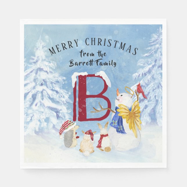 Monogram Letter B Angel Snowman Merry Christmas Napkin (Front)