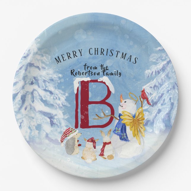 Monogram Letter B Angel Snowman Merry Christmas Paper Plate (Front)